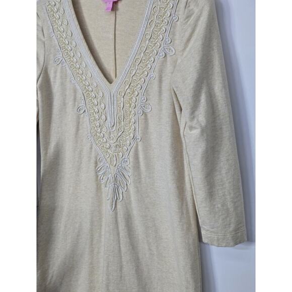 Lilly Pulitzer Clarkson Dress Womens Size S Cream Camel Embroidered 3/4 Sleeves - Picture 6 of 7